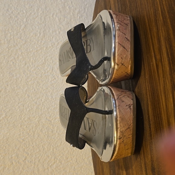 Sam & Libby Womens Black tong cork platform Wedge Sandals Silver CUTE! Sz.7 - Picture 7 of 13